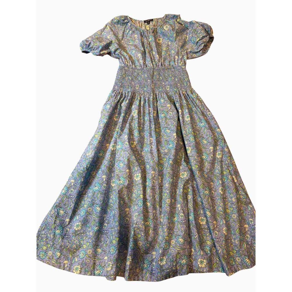 J.CREW Women's Provence Floral Dress MEDIUM Blue Smocked Waist Midi 100% Cotton - Picture 4 of 13